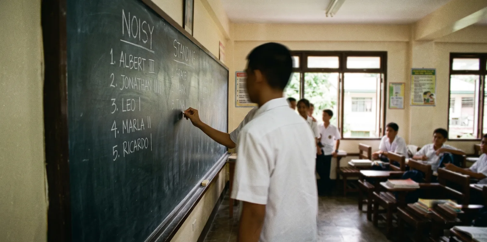 A student at the chalkboard keeping a NOISY and STANDING tally of classmates' names while the class looks on.